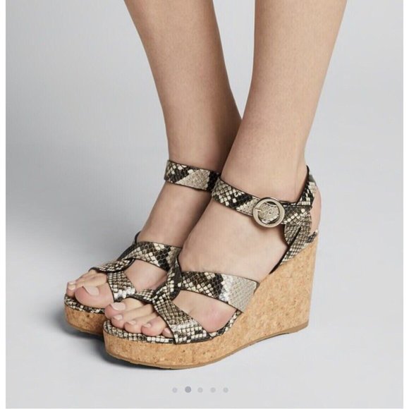 Jimmy Choo Aleili 100 Platform Wedge Heel Sandal Natural Snake Leather EU 39.5 - Picture 1 of 12